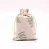 Green Leaves Design Cotton Bag Drawstring Gift Bag Muslin Bracelet Jewelry Packaging Bags Pouches Fast Shipping NO422
