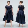 Azul marinho alto laço baixo plus size vestidos de baile uma linha pura jóia pescoço lantejould vestido de noite mangas curtas cetim vestido formal