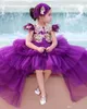 High Low Elegant Elegant Purple Girls Pageant Robes Princess Cap Sheve Gold Appliques Long Toddler Formal Party Prom Robes pour les enfants