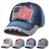 Amerikanska flaggan Baseball Cap Outdoor Sport Rhinestone Jeans Ball Cap Unisex Travel Bling Snapback Fashion Denim Sun Hat Justerbar Cap TL1099