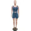 Two Piece Dress 2022T Sexy Women 2 Set Summer Denim Sleeveless Jeans Crop Top Shorts Suit Blue Outfit MF815