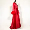 2020 Red Gorgeous Wedding Robes Satin Silk Fur Customized Women Bathrobe V-neck Long Sleeve Floor-length Night Gown For Women Housewear