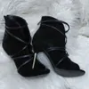 Zapatos de tacón alto de aguja con clase, zapatos de diseñador con punta abierta, zapatos de vestir de gamuza negra, zapatos de fiesta con nudo de 10 CM