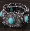 Fashion-Antiqued Silver Plated Oval Turquoise Stone Crystal Bohemia Stretch Bracelet Flex Armband för Kvinnor Män Presenter