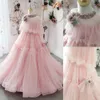 Pink Flower Girl Dresses Sheer High-neck Long Sleeve Appliqued Beaded Hand Made Flower Tiered Girl Pageant Gown Sweep Train Birthday Gown