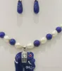 Joyería 00731 blanco Akoya perla cultivada azul jade elefante colgante collar pendientes joyería 8mm