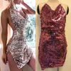 Col en V profond automne or Rose paillettes dos nu robe Sexy femmes épaules dénudées Mini robe fendue fête Club sangle robes Vestidos1