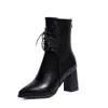 Moda Kobiety Kostki Buty Grube Obcasy Winter Buty Kobiet Najnowszy Spioste Toe Damskie Buty Marka Lace Up Martin Boot