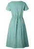 Yidarton Damen-Sommerkleid, kurzärmelig, V-Ausschnitt, Knopfleiste, lässig, einfarbig, Swing-Midikleid mit Taschen