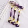 Massagem de Ametista Natural Pedra esculpida Reiki Cristal Healing Gua Sha Roller de beleza Massor Stick com liga Goldplated4876190