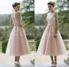 2019 Blush Pink Tulle Druhna Dress A Linia Herbata Długość Maid of Honor Dress Wedding Party Gown Plus Size Vestidos Damas De Honor