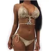 2021 HotSale Sexy Bikinis Sequins Golden Women Bandage Bikini Set Push Up Padded Strappy Baddräkt Baklösa Brayillian Sommar Badkläder