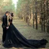 Vintage Deep V Neck Wedding Dress Black Long Sleeve Split A Line Tulle Bridal Gown Plus Size Custom Made244f