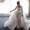 2020 Luxury Mermaid Wedding Dresses Sheer Neck Long Sleeves Illusion Full Lace Applique Bow Overskirts Button Back Chapel Train Br6489511