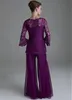 2019 Modest Young Mother of The Bride Dresses Suits with Long Sleeves Jewel Neck Lace and Chiffon Purple Navy Blue Wedding Guest Dress