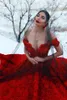 2023 Bridal Gowns Dark Red Wedding Dresses with 3D Rose Flowers Cathedral Train Arabic Middle East Church Off Shoulder Backless2755