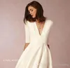 2019安いフォーマルなサテン短い花嫁介添人のためのビーチのウェディングVネックハーフ長袖のための服装ドレス