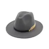 Qiuboss tendência cor sólida masculino feminino lã feltro chapéu panamá fedora bonés faixa de couro metal folhas padrão preto jazz trilby t2001181707629