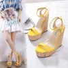 Kvinnor Designer Sandaler Slider Gult Träkorn Platform Wedge High Heel Sandals Storlek 35 till 40