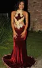 African Memaid Velvet Prom Sukienki Złote Aplikacje Suknia imprezowa Burgundia Seksowna formalna suknia wieczorowa