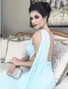 Billiga arabiska turkos himmelblå prom klänningar en axel lång en linje chiffong ren öppen rygg formell festklänning aftonklänningar