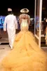 Afrika Geleneksel Gelinlik Nijeryalı Altın Gelinlikler 2020 Kristal Boncuk Sheer Tül Uzun Kollu Mermaid Gelin Elbise Artı Boyutu