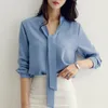 Blusas mujer de moda 2020 båge v-hals office blouse damer toppar chiffon blus skjorta toppar kvinnor långärmad kvinna a137