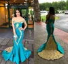 Ombro New Sexy Árabe Mermaid Vestidos Hunter Off Com Prom Party Gold Lace apliques de cristal frisado Trem da varredura Oriente Médio Vestidos