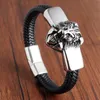 Lejon läder rep män armband rostfritt stål magnet-clasp cowhide flätat multi lager wrap trendigt armband pulsera hombrre