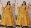 Dubai Arabiska Billiga Guld En Linje Aftonklänningar Med Poet Långärmad Lace Appliques V Hals Sequined Ankel Längd Prom Dress Party Gowns
