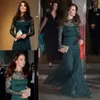 Las mujeres verde oscuro Kate Middleton del cordón lleno vestidos de noche larga cabida mangas Sheer Bateau cuello piso-longitud de los vestidos de la celebridad formal