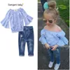 Tjejer barn designer kläder uppsättningar sommar mode barn flicka kläder kostym rosa blus + hål jeans + huvudband 3pcs för barn tyg