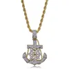 New 18K Gold Plated Iced Out Cublic Zirconia Vintage Anchor Pendant Necklace Twist Chain 2 Colors Hip Hop PunkRock Jewelry Gifts for Guys