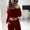 Nytt mode 2ST Klädset för kvinnor Crop Top Blus Off Shoulder Skjorta Byxor Leggings Byxoutfit