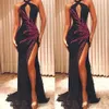 Black Glitz Arabic Crystal Mermaid Prom Dresses Sexig halter Keyhole Neck Split Side Brodery Beaded aftonklänningar Formell festklänning