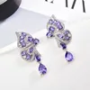 Purple Crystal Liście Kolczyki dla kobiet nowe luksusowe biżuterię ślubną srebro długa pendnat kolczyka 9678340