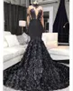 Sexy Black Mermaid Long Prom Dresses 2020 See Through Top Appliques 3D Flowers Long Sleeve African Girl Prom Dresses