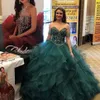 Lovely Hunter Green Beaded Ball Gown Quinceanera Dresses Sweetheart Neck Crystals Prom Gowns Rhinestones Tulle Tiered Sweet 16 Dress 407