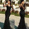 New African Black Prom Jewel Neck Illusion Lace Appliques Beads Flowers Backless Mermaid Sweep Train Evening Dresses Party Gowns