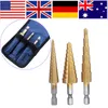 Freeshipping 3 Stücke broca escalonada para metall Schritt HSS Stahlkegel Titan Beschichtete Bohrer Werkzeug Set Loch Cutter kit de brocas Schritt Bohrer