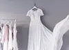 2019 Nova Linha A Chiffon Boho Modest Vestidos De Casamento Com Mangas Curtas Flutter Frisado Espartilho Rendas de Volta País Mulheres Modest Vestido De Noiva