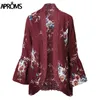 Moda-Aproms Manga Flare Crochê Renda Chiffon Casaco Feminino Manga 3/4 Estampa Floral Quimono Senhoras Casual Outono Aberto Frente Outwear Tops