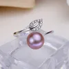 2021 ASHIQI Real 925 Sterling Silver Rings Leaf Jewelry 8-9mm Natural Pearl Freshwater Open Finger