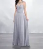Açık Gri Şifon Gelinlik Elbise Sheer Boyun Çizgisi Boncuk Açık Geri Kat Uzunluk Pleats Şifon Nedime Abiye