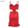 Nadahair High Waist Wrap Bodycon Dress Women Summer Yellow Red Crop Top Ruffle Sexy Party Beach Ruched Mini Kjolar 2st en uppsättning