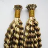 P18 / 22 Remy Kinky Curly Fusion Hair Extensions 200g / Pack I Tips Stick Keratin Dubbeldragen Remy Hair Extension 1.0g / s
