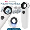 40x Förstoring Magnifier Glass Jeweler Eye Jewelry Loupe Loop Hand Håller förstoringsglas med 2 LED -ljus2446