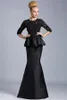 All Size Mother Of The Bride Dresses Mermaid Jewel Neck 3/4 Sleeves Lace Appliques Beaded Peplum Plus Size Party Dress Black Evening Gowns