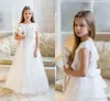 White Pink Cute Flower Girl Dresses Lace Appliqued Long Communication Gown Kids Birthday Party Gowns Birthday Girl Formal Wedding Dresses