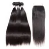 Rak hårbuntar med spetsavslutning Brasilianska Virgin Hair Weave 3bundles med stängning 100% Remy Human Hair Factory Partihandel